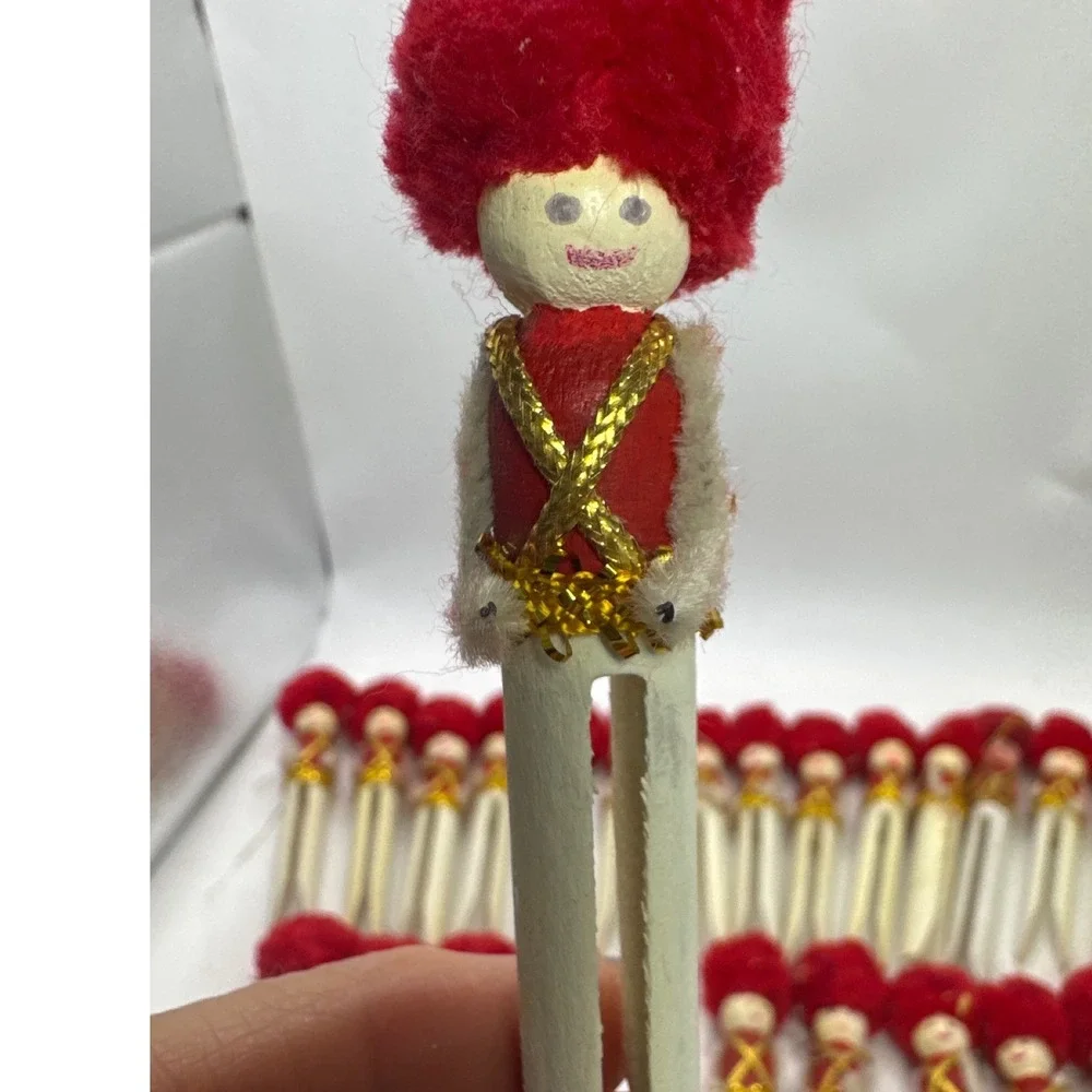 Vintage Handmade Clothespin Soldier Christmas Ornaments Red Gold Lot of 22 4.5